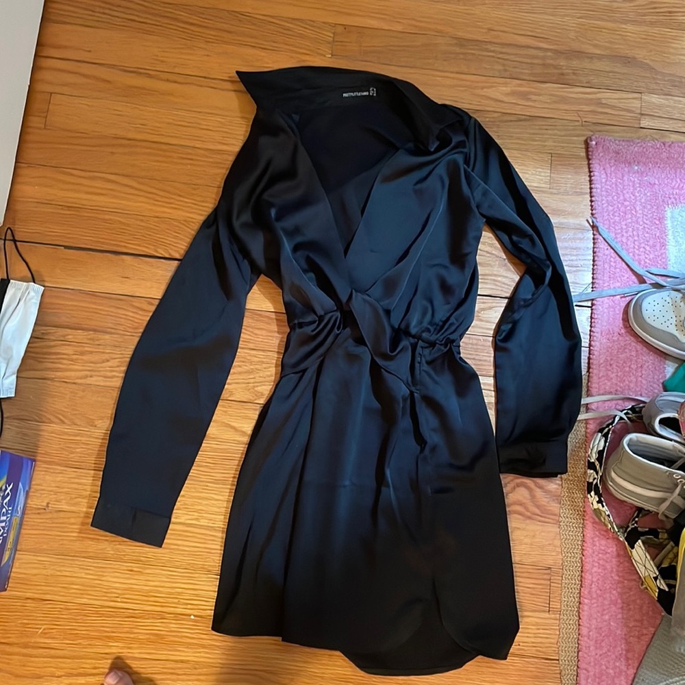 Black satin deep cut pretty little thing dress size 0